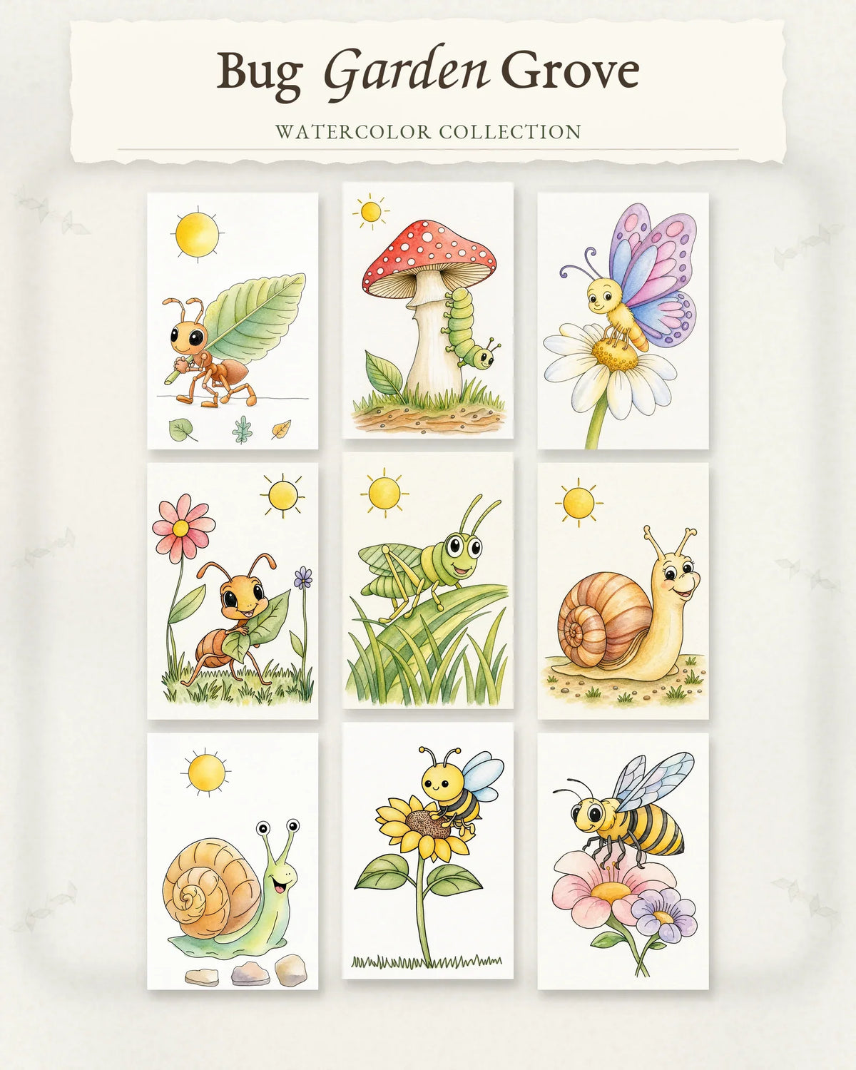 Bug Garden Grove Series collection featuring nine cheerful watercolor garden bug designs.