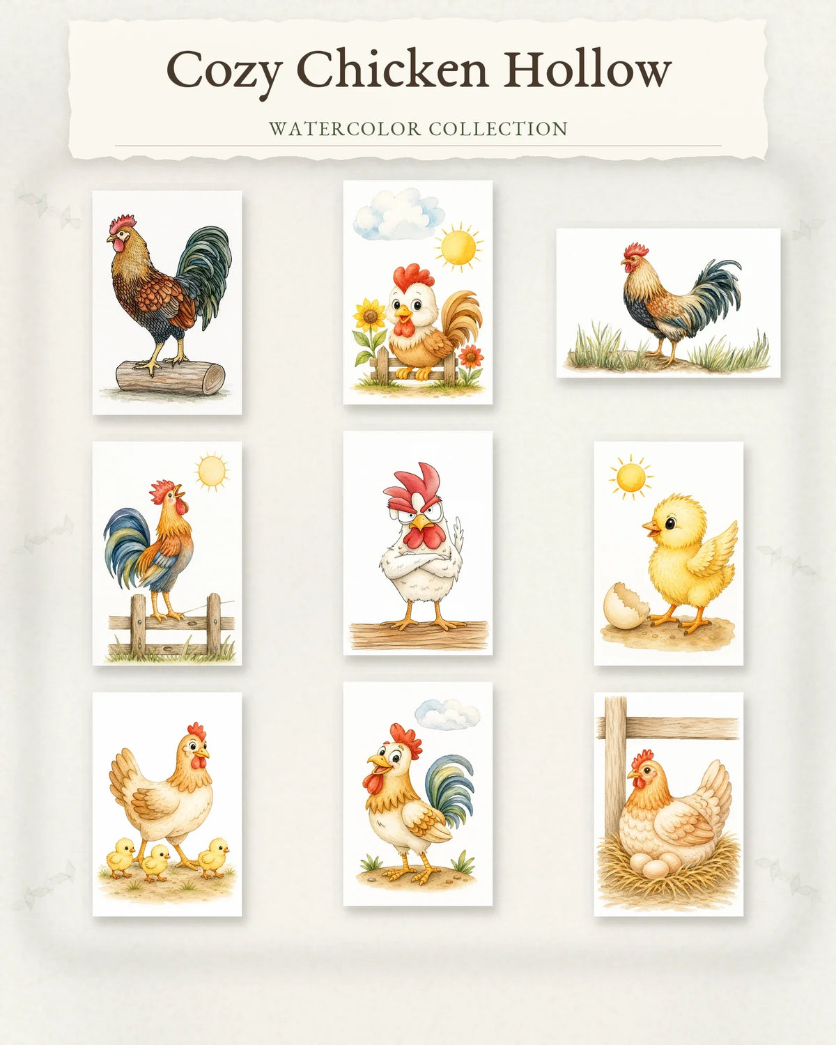 Cozy Chicken Hollow Series collection featuring nine cheerful watercolor rooster, hen, and chick designs.