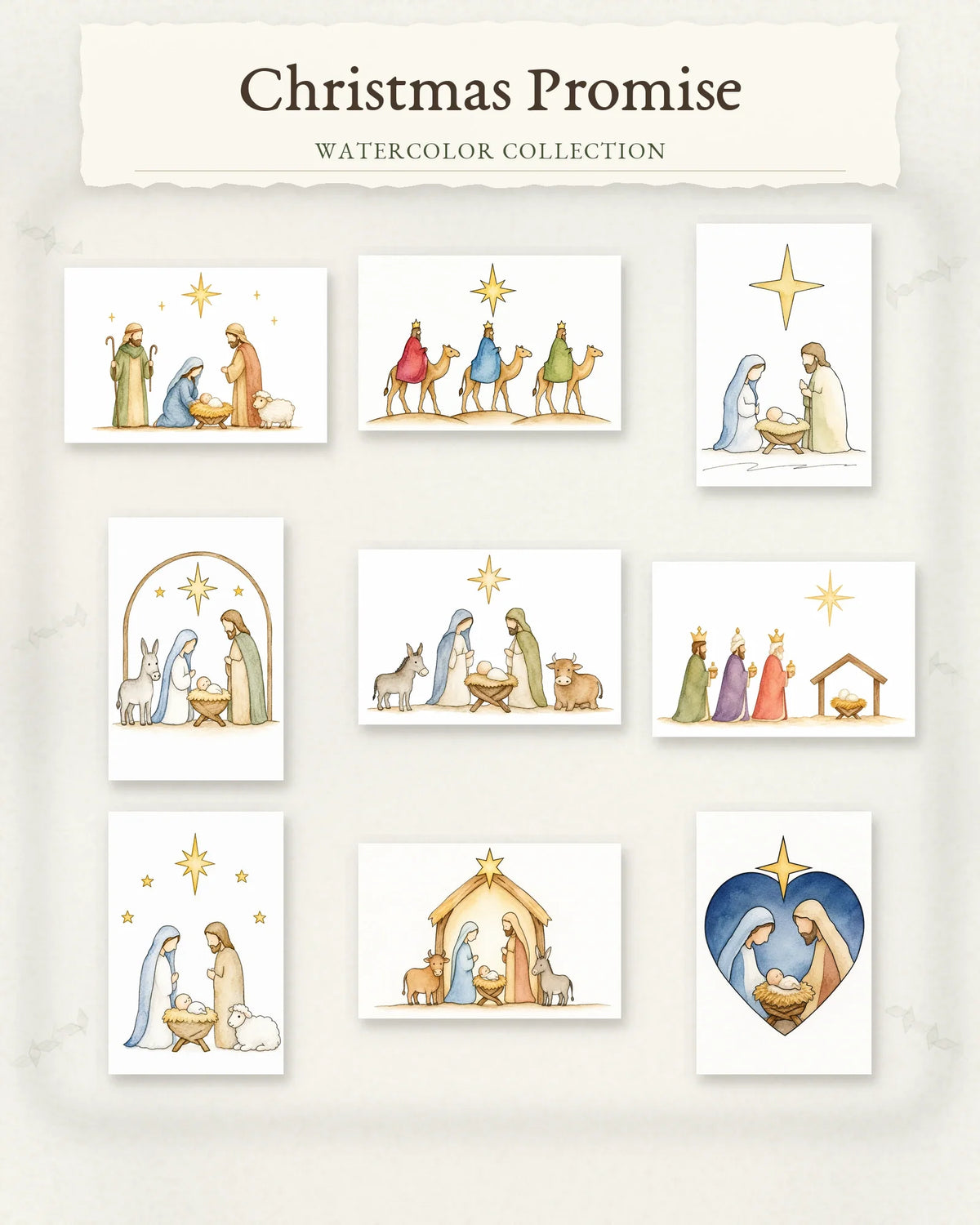 Christmas Promise Series collection featuring nine gentle watercolor nativity scene designs.