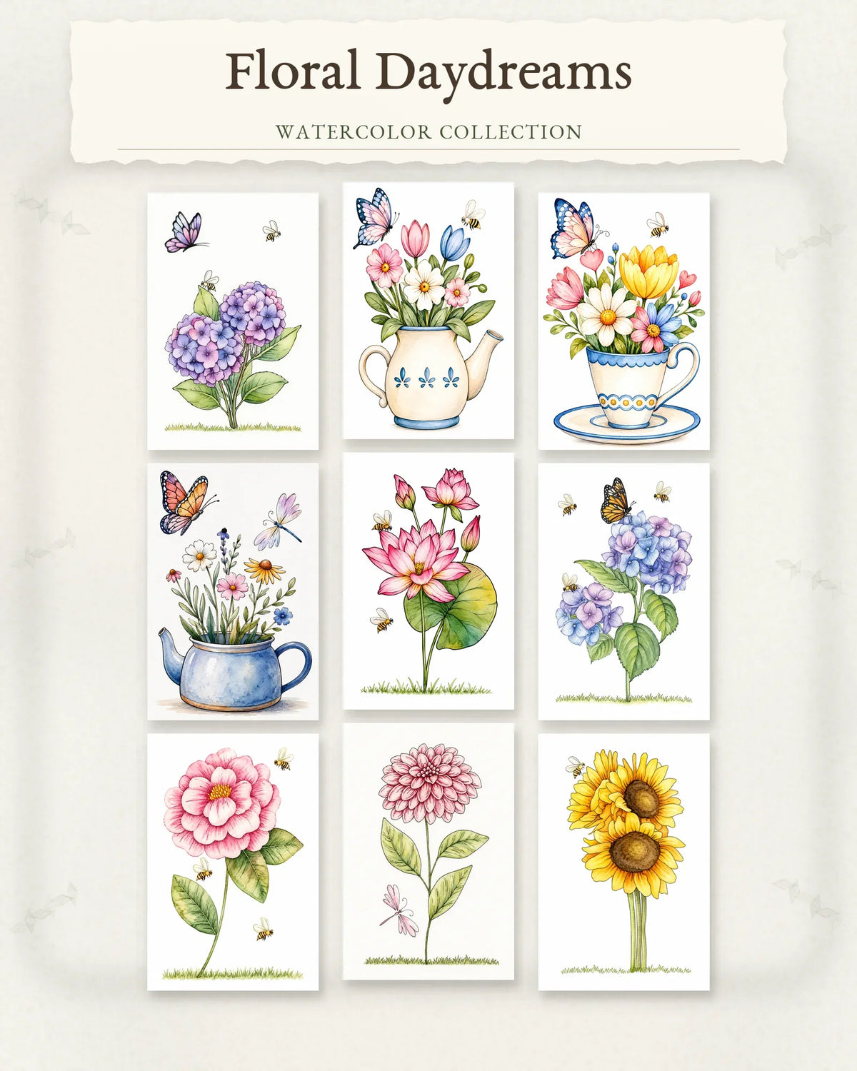 Floral Daydreams Series collection featuring nine watercolor floral designs of hydrangeas, roses, sunflowers, and teacups.