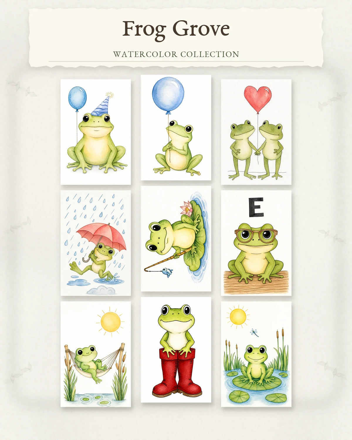 Frog Grove Series collection featuring nine whimsical frog watercolor designs.