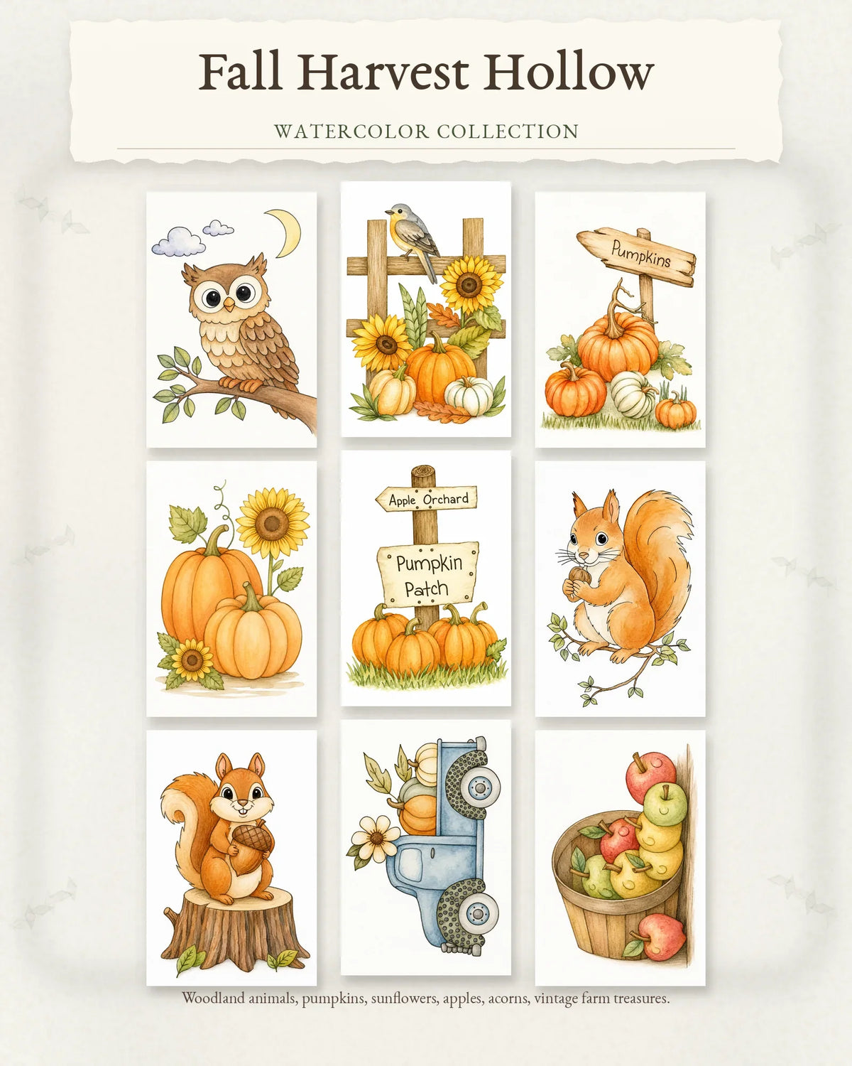 Fall Harvest Hollow Series collection hero showing nine watercolor autumn harvest scenes