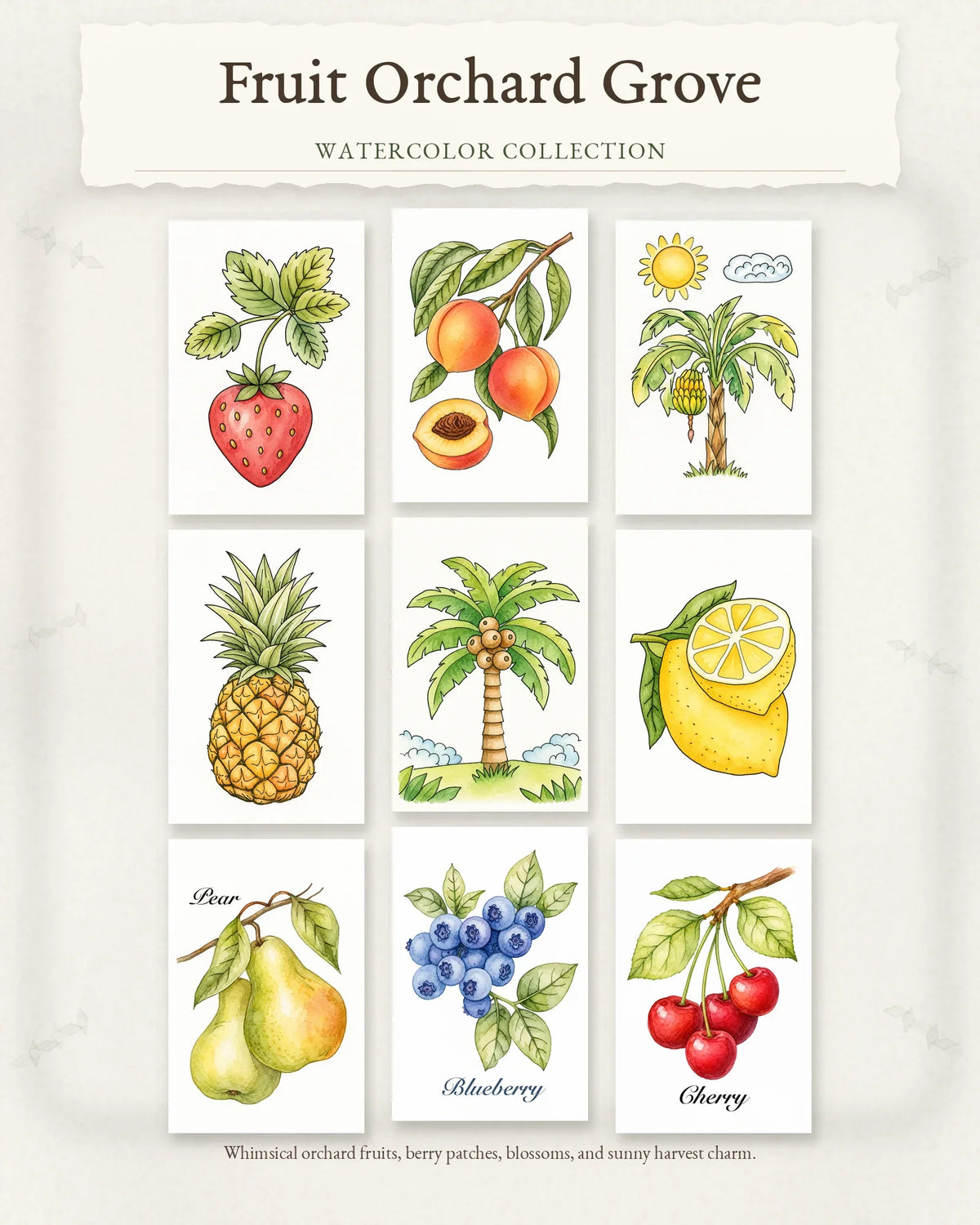 Fruit Orchard Grove Series collection hero showing nine watercolor orchard and berry designs