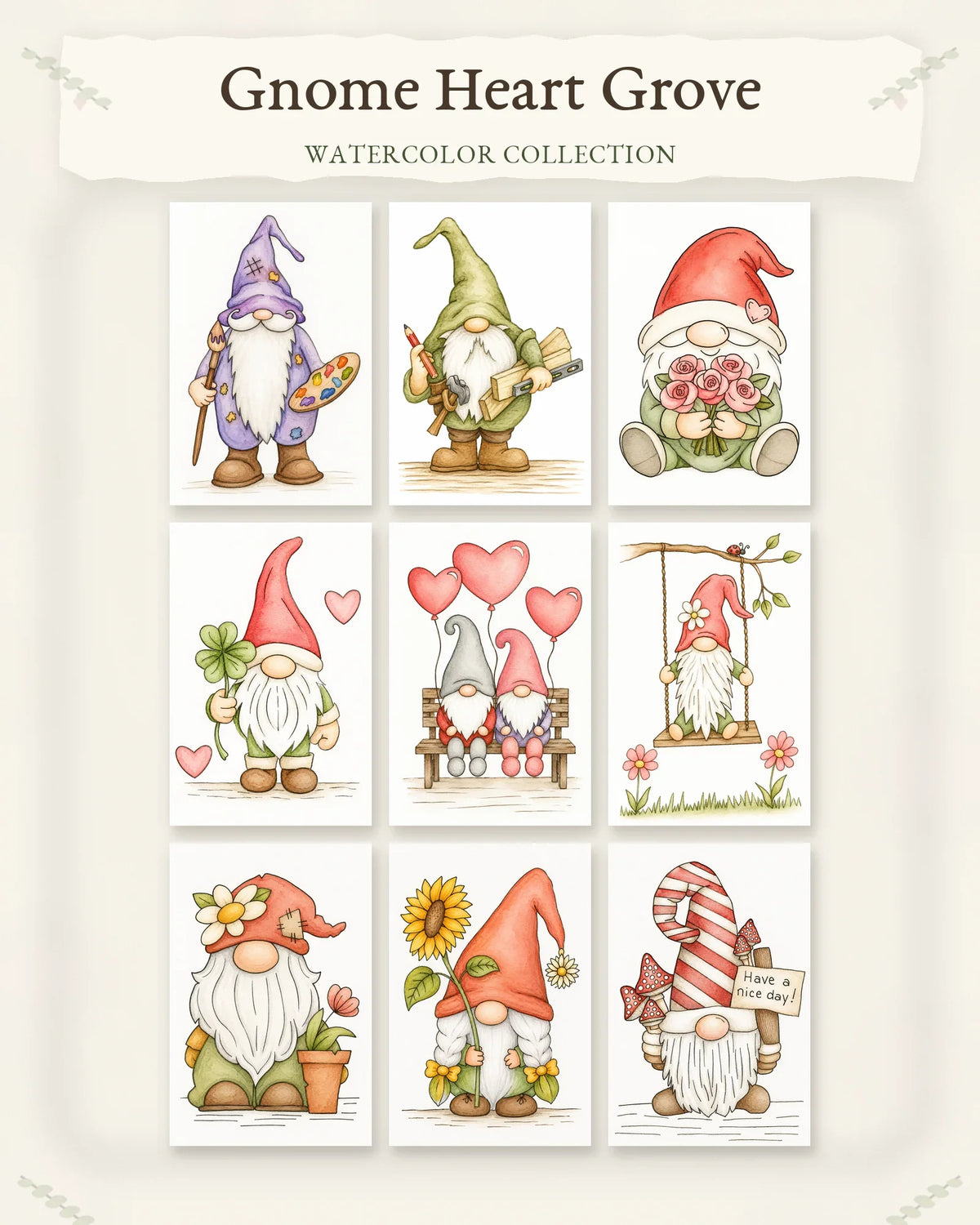 Gnome Heart Grove Series collection featuring nine cheerful watercolor gnome designs.