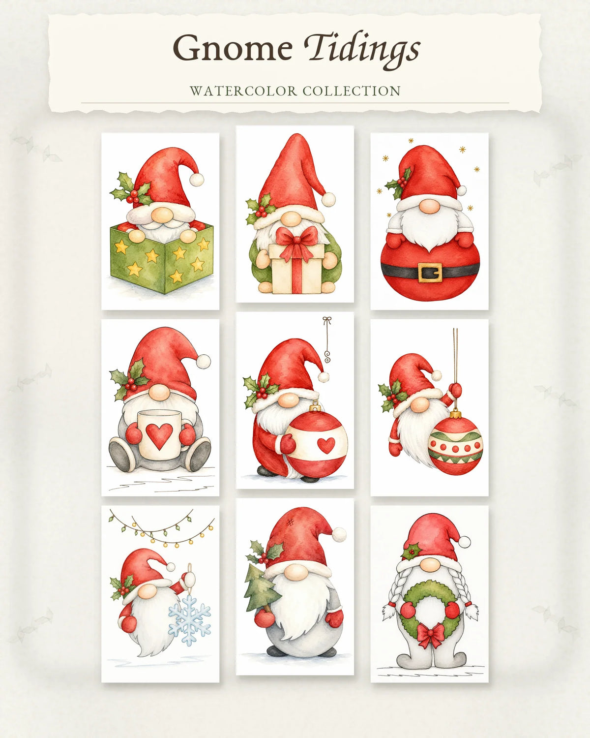 Gnome Tidings Series collection featuring nine cheerful Christmas gnome watercolor designs.