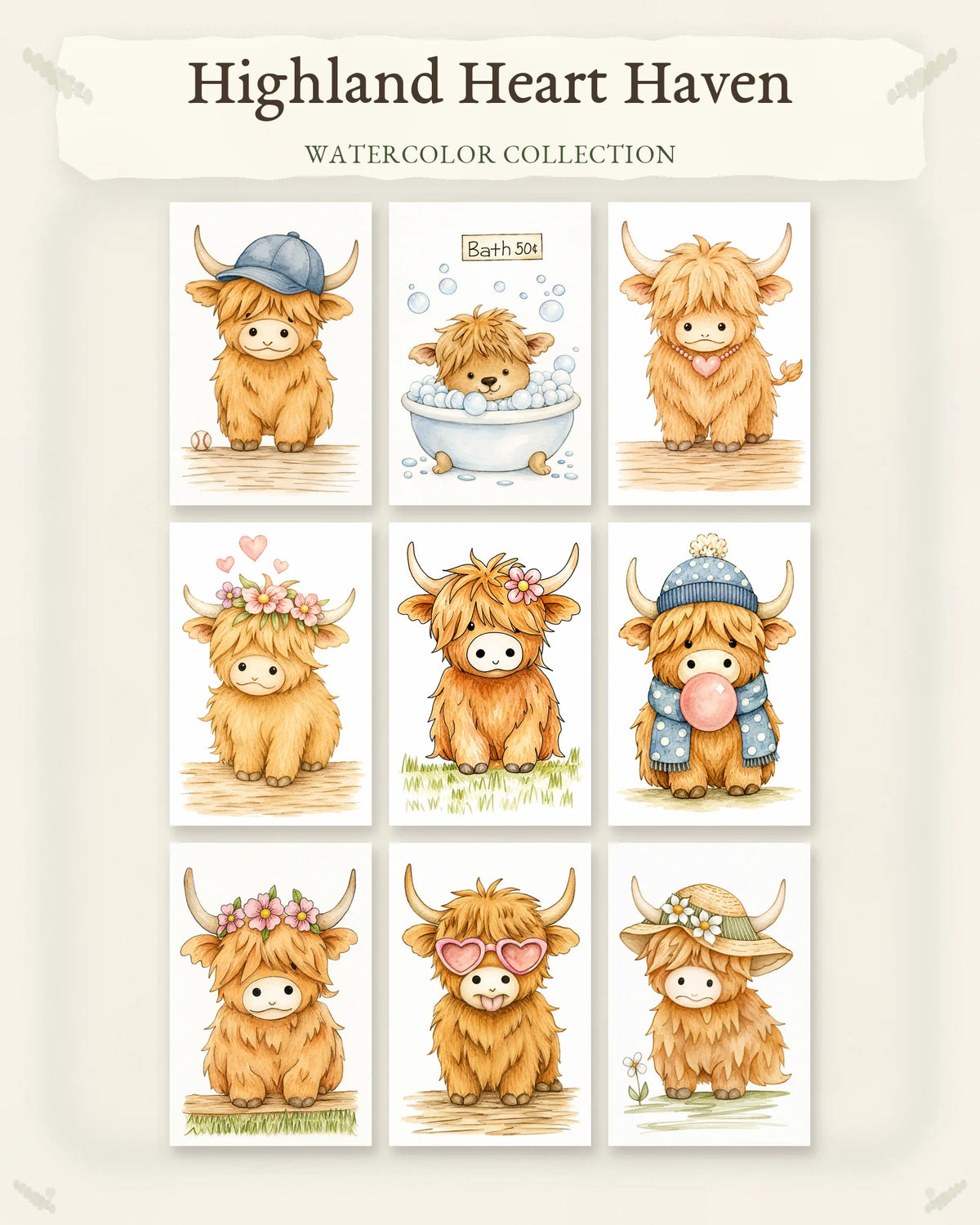 Highland Heart Haven Series collection featuring nine cheerful watercolor Highland cow designs.