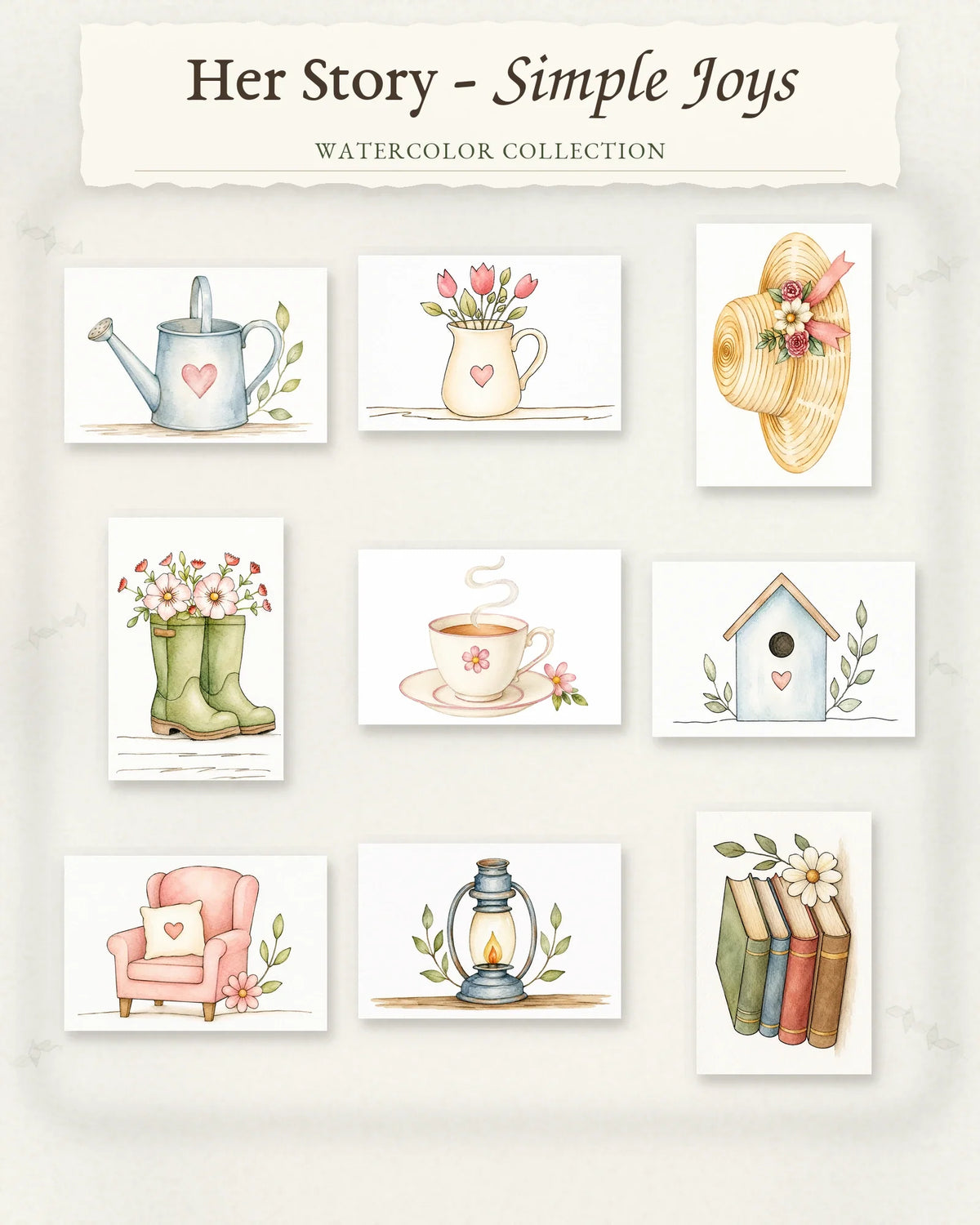 Her Story Simple Joys Series collection featuring nine watercolor designs celebrating life's simple joys.