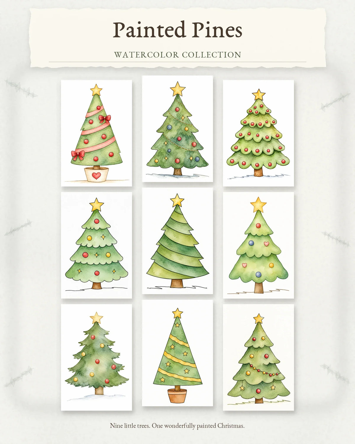 Painted Pines Series collection artwork featuring nine whimsical Christmas tree watercolor designs.