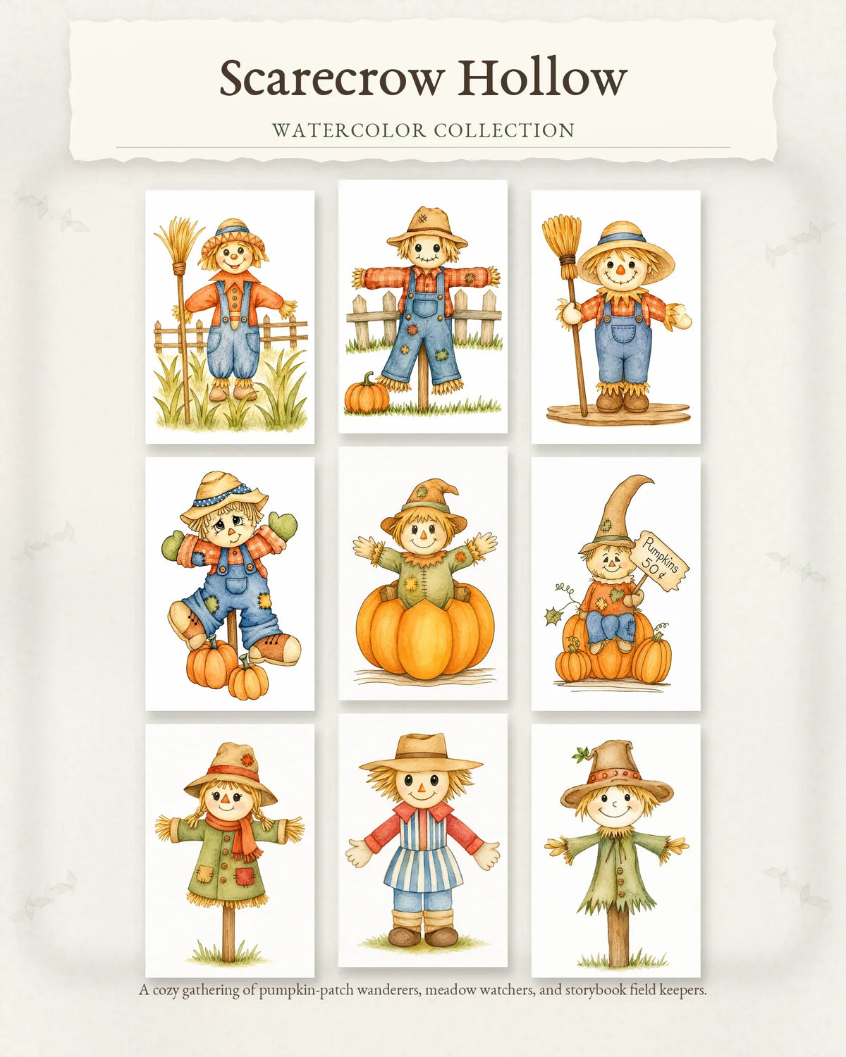 Scarecrow Hollow Series collection hero showing nine watercolor scarecrow and pumpkin patch designs