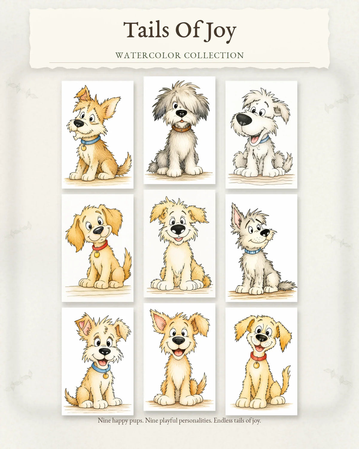 Tails Of Joy Series collection hero showing nine watercolor pups