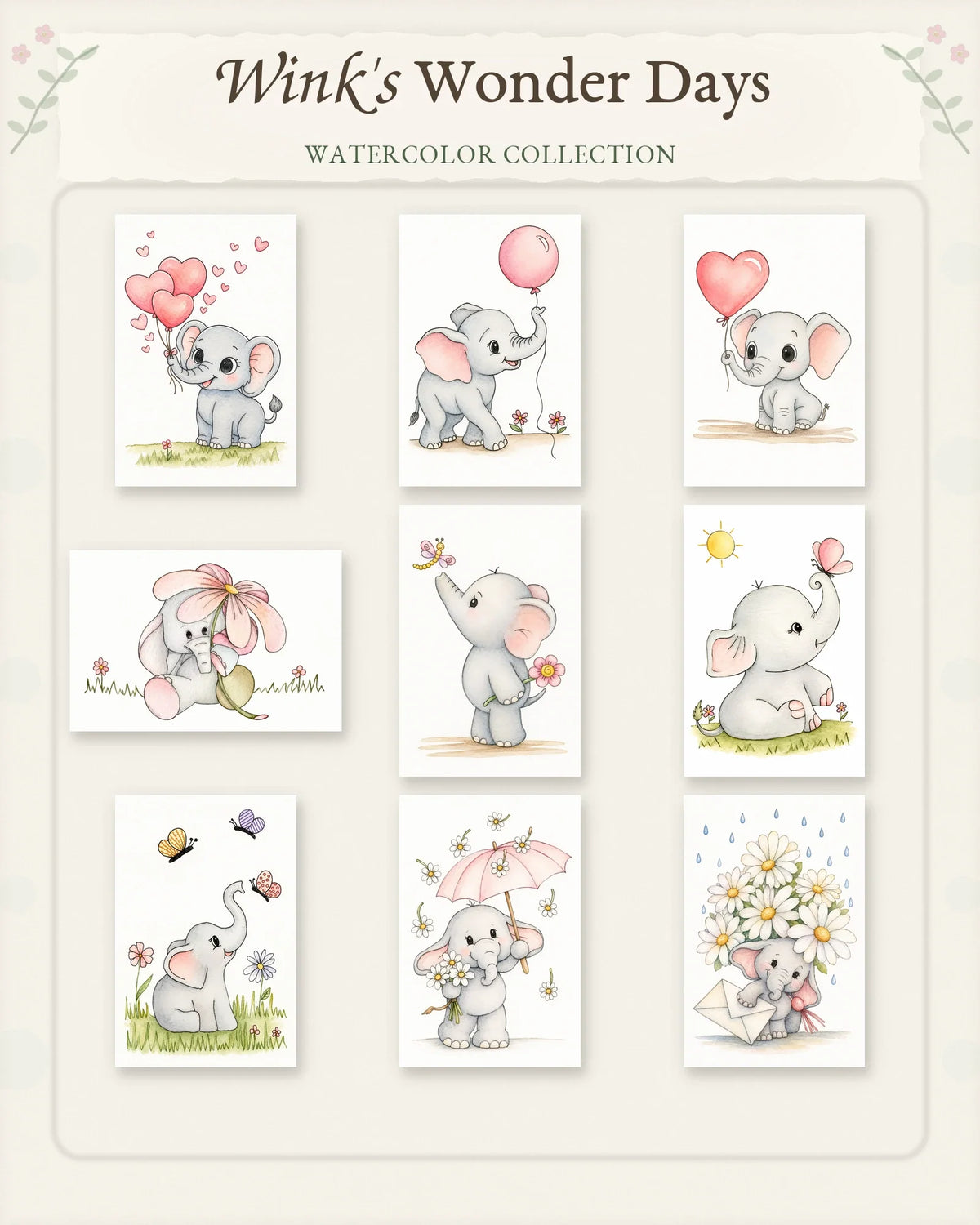 Wink's Wonder Days Series collection featuring nine sweet watercolor designs starring Wink the Elephant.