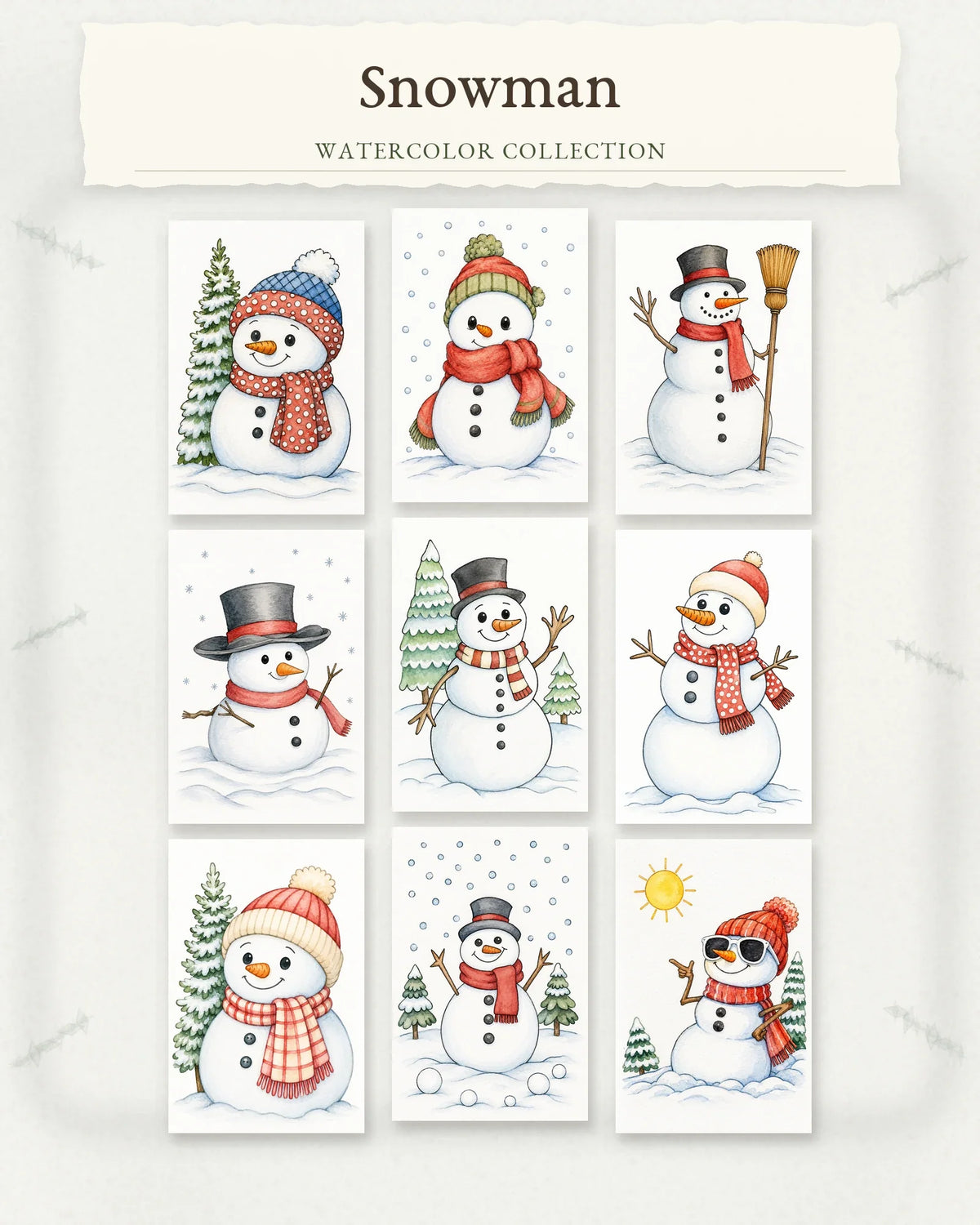 Snowman Series collection featuring nine cheerful watercolor snowman designs.