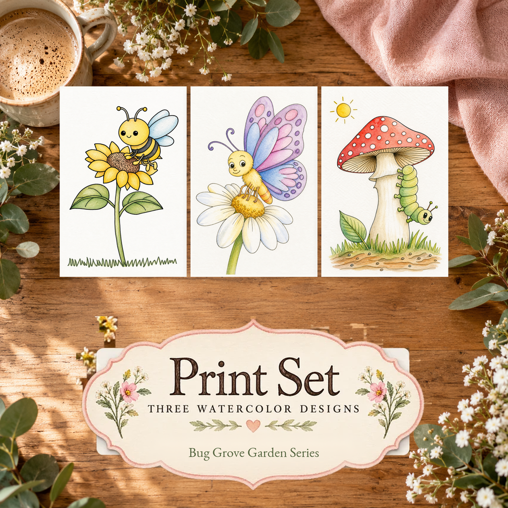 Flutter & Sip 3-Design Paint-Your-Own Watercolor Print Set | Bug Garden Grove | 5x7