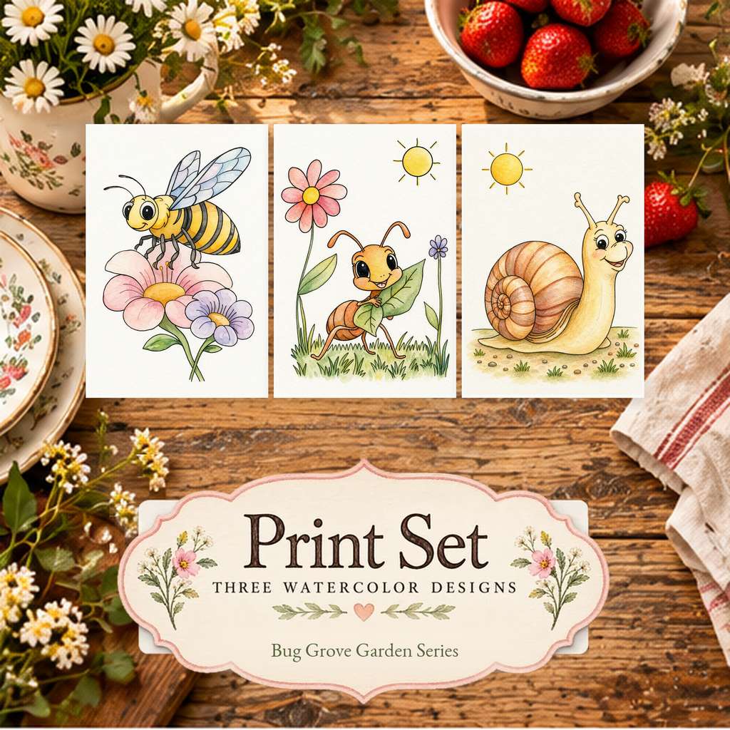 Sunny Garden Trail 3-Design Paint-Your-Own Watercolor Print Set | Bug Garden Grove | 5x7