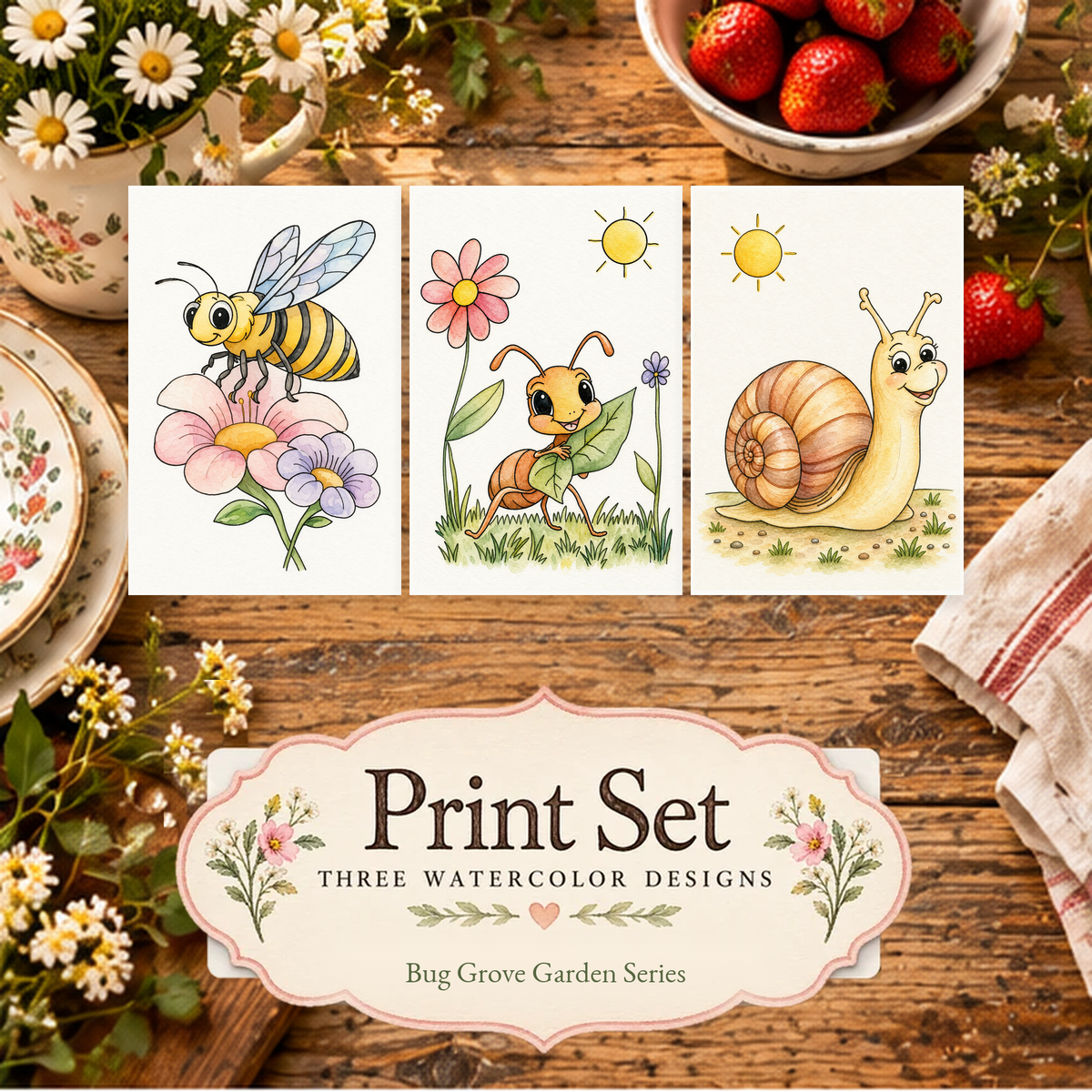 Sunny Garden Trail 3-Design Paint-Your-Own Watercolor Print Set | Bug Garden Grove | 4x6
