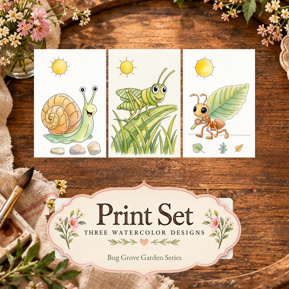 Leafy Little Explorers 3-Design Paint-Your-Own Watercolor Print Set | Bug Garden Grove | 4x6