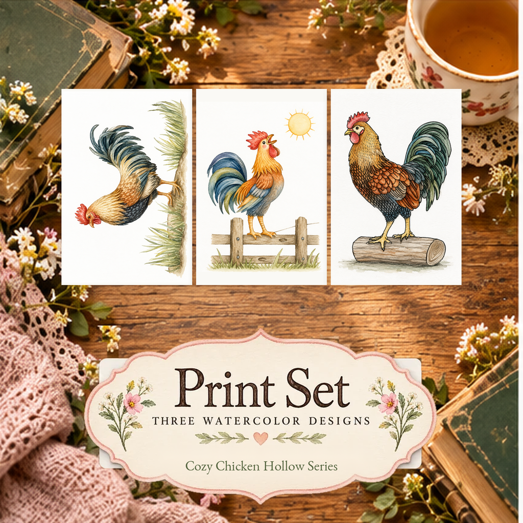 Morning Roost 3-Design Paint-Your-Own Watercolor Print Set | Cozy Chicken Hollow | 4x6