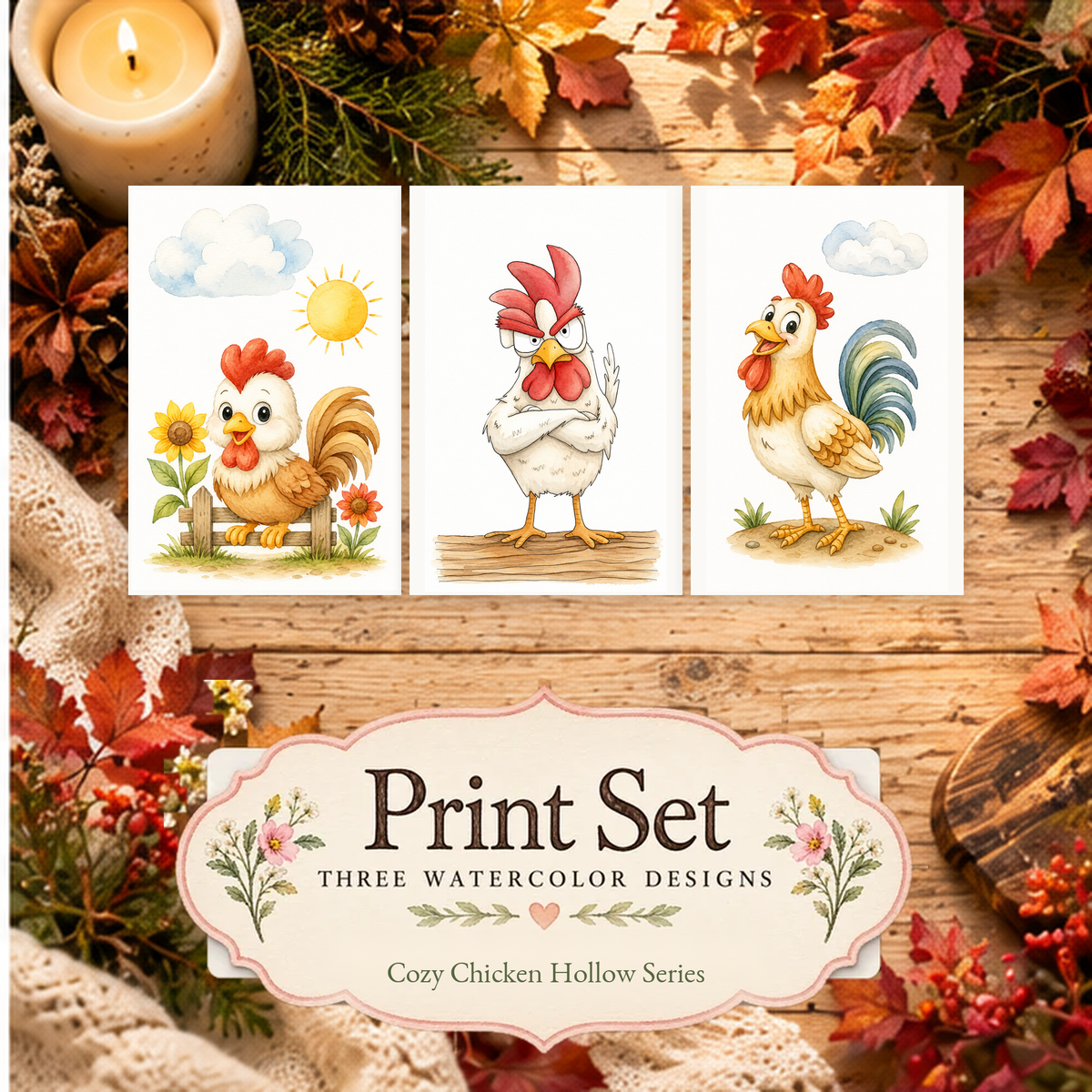 Coopside Friends 3-Design Paint-Your-Own Watercolor Print Set | Cozy Chicken Hollow | 4x6