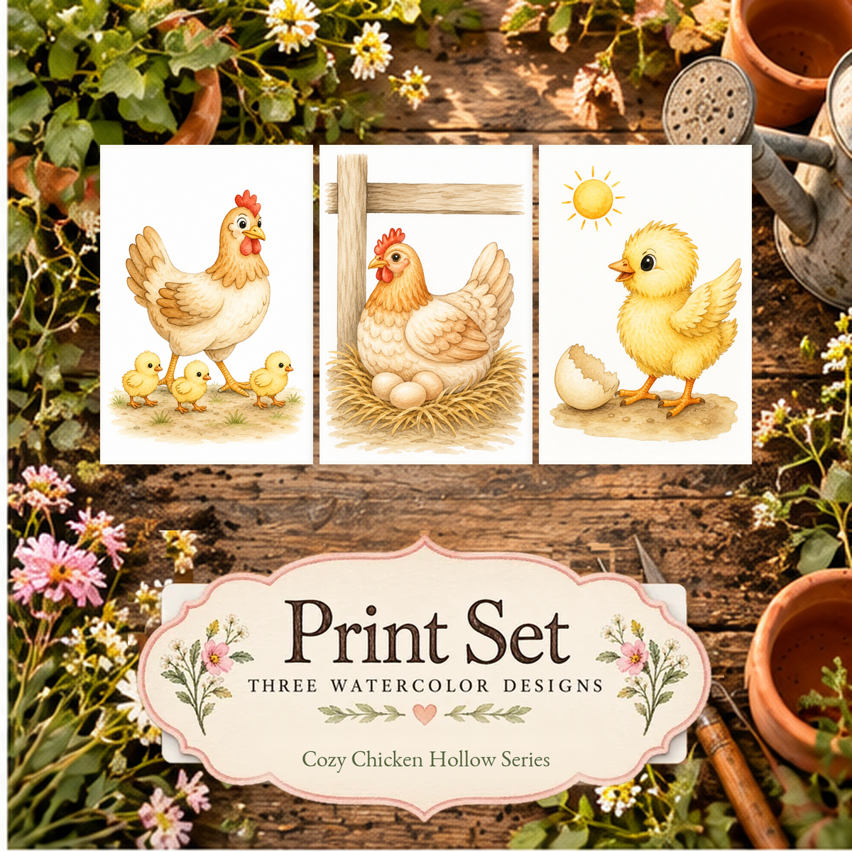 Cozy Nest Parade 3-Design Paint-Your-Own Watercolor Print Set | Cozy Chicken Hollow | 4x6