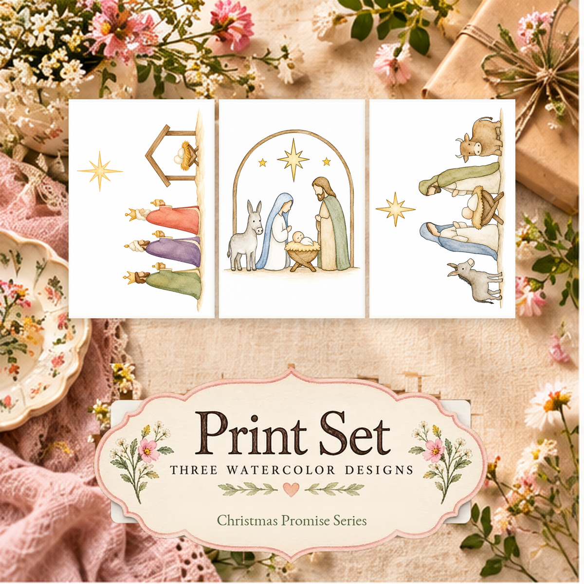 Bethlehem Gifts 3-Design Paint-Your-Own Watercolor Print Set | Christmas Promise | 4x6