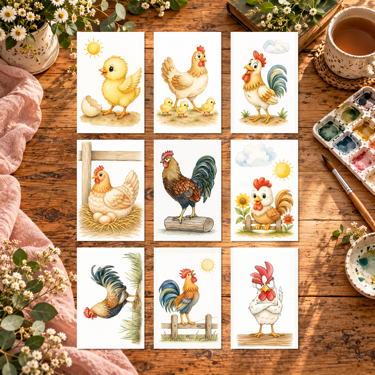 Cozy Chicken Hollow Complete Paint-Your-Own Watercolor Print Collection | 4x6