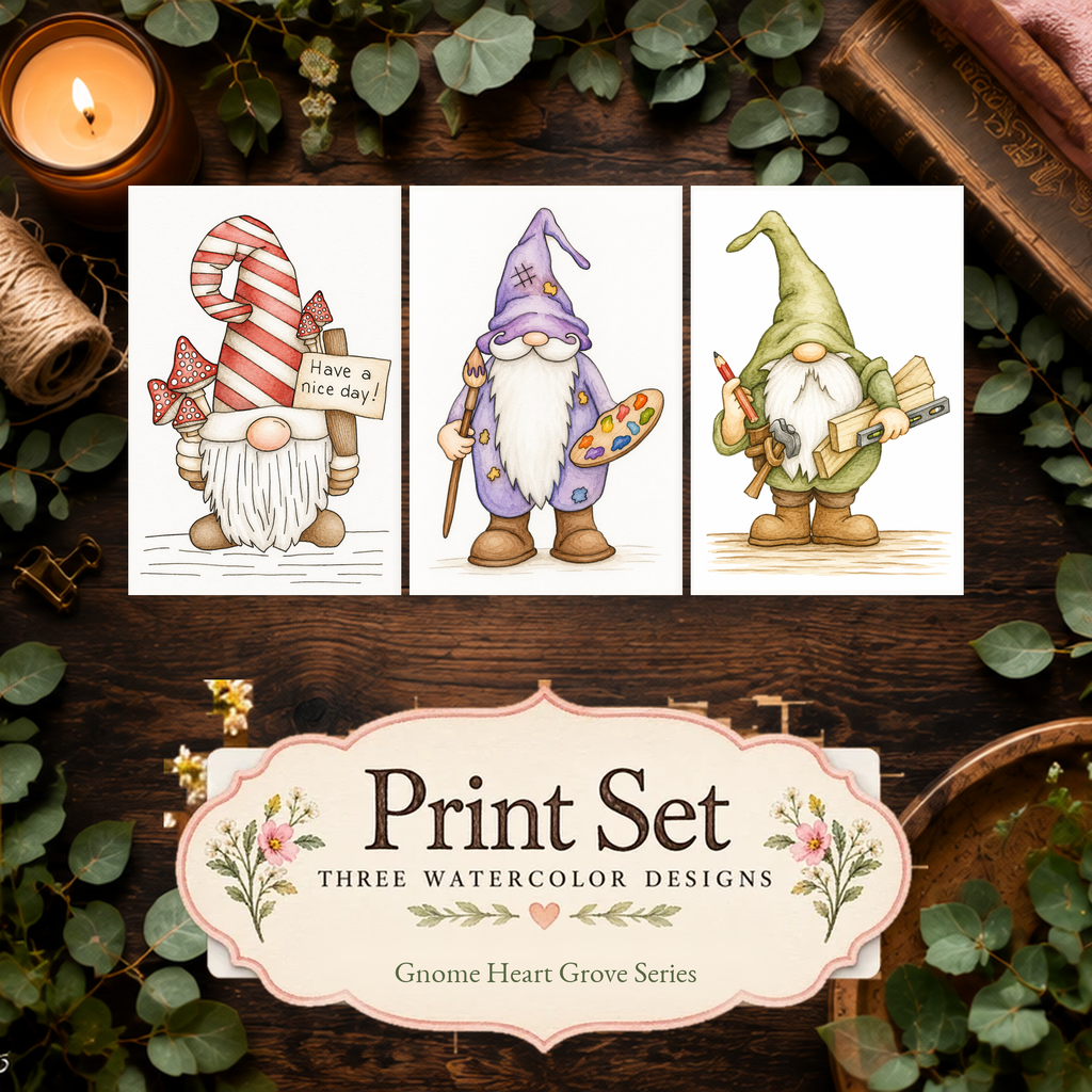 Heartfelt Gnome Moments 3-Design Paint-Your-Own Watercolor Print Set | Gnome Heart Grove | 5x7