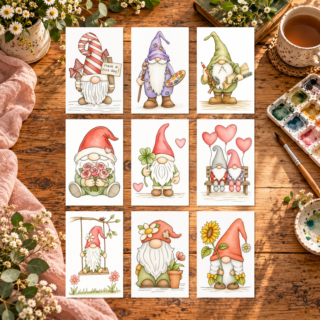 Gnome Heart Grove Complete Paint-Your-Own Watercolor Print Collection | 5x7