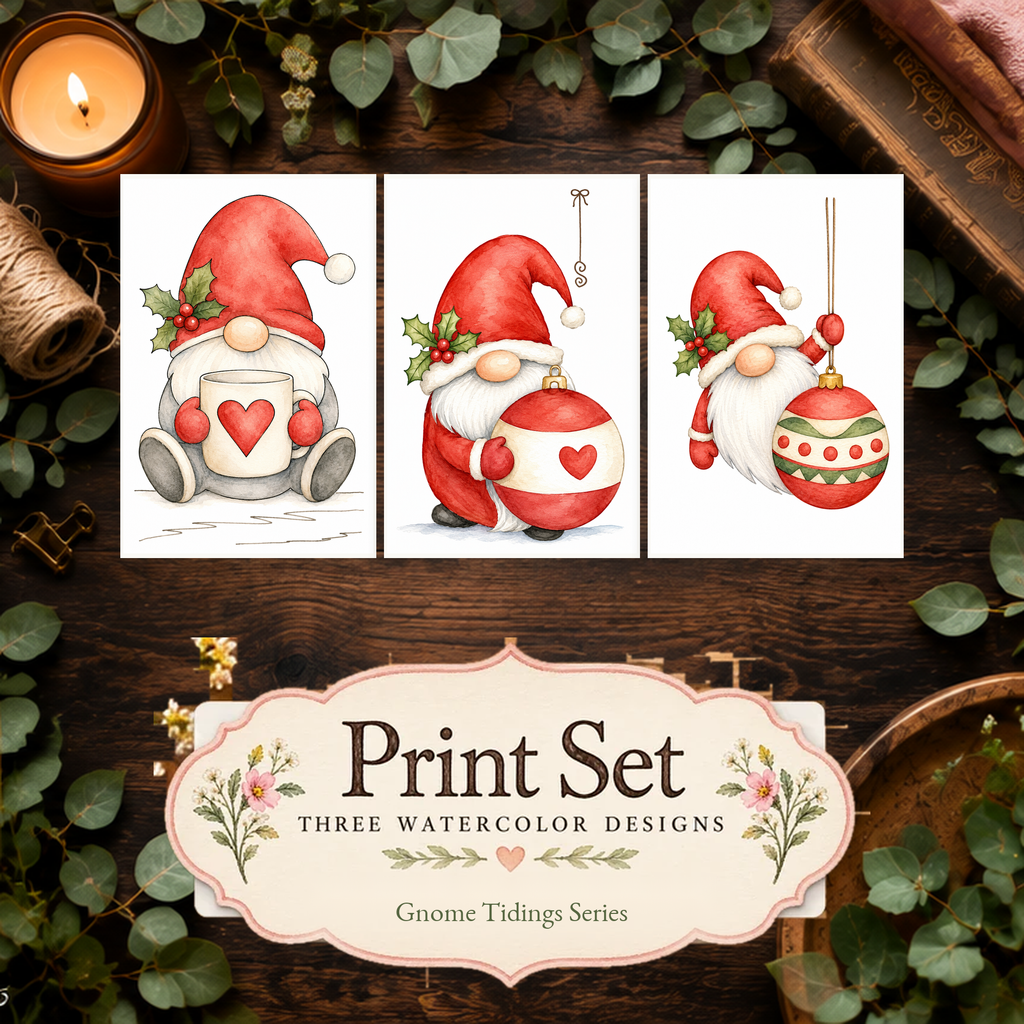 Cozy Keepsakes 3-design watercolor print set featuring Cocoa Cuddle, Heartfelt Ornament, and Merry Bauble