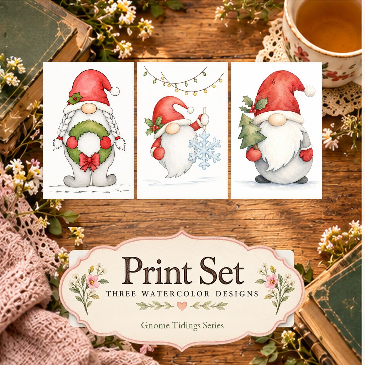 Snowy Welcome 3-design watercolor print set featuring Snowflake Swing, Evergreen Errand, and Wreathside Welcome