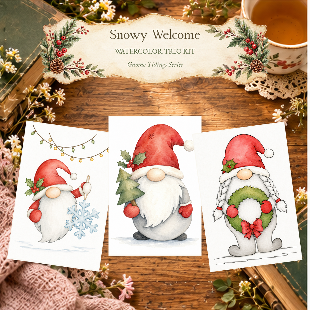 Snowy Welcome watercolor trio kit featuring Snowflake Swing, Evergreen Errand, and Wreathside Welcome