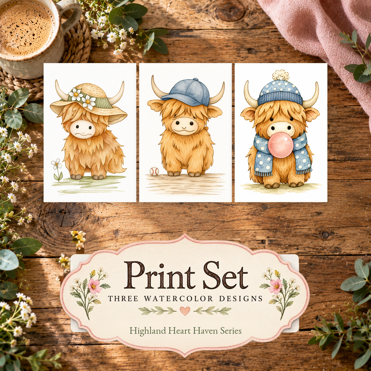 Pasture Playmates 3-Design Paint-Your-Own Watercolor Print Set | Highland Heart Haven | 4x6