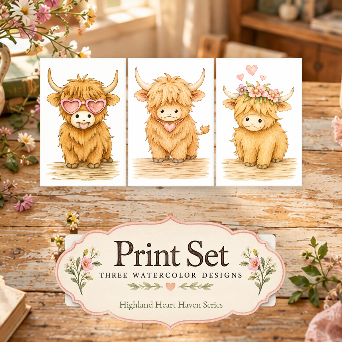 Hearts in Bloom 3-Design Paint-Your-Own Watercolor Print Set | Highland Heart Haven | 4x6