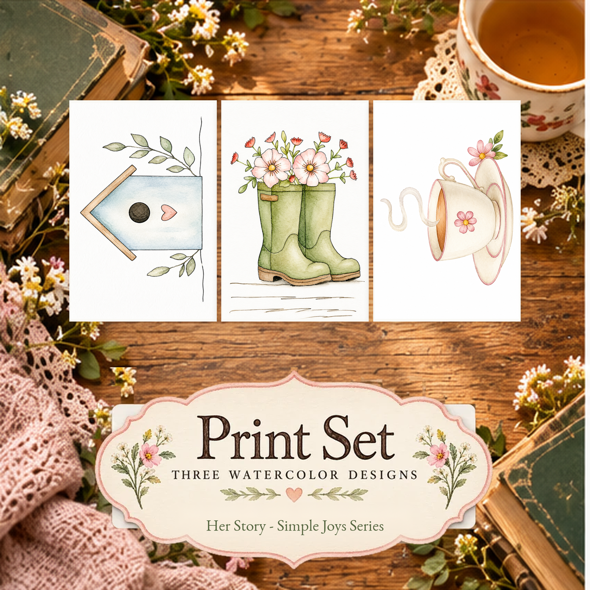 Homegrown Haven 3-design watercolor print set from Her Story: Simple Joys