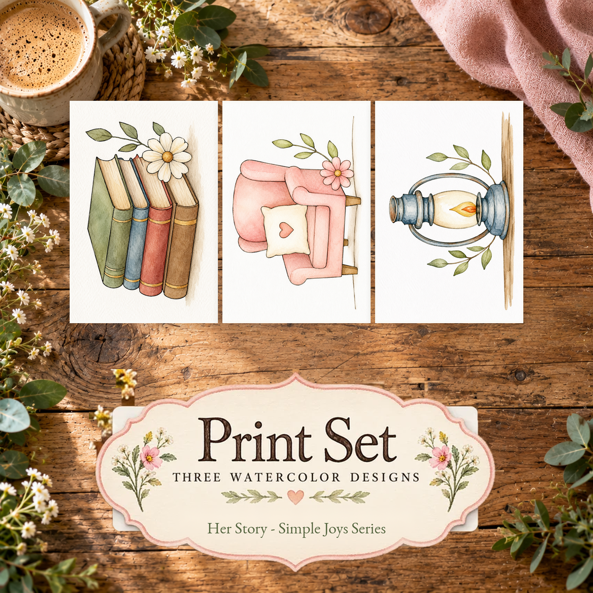 Quiet Comforts 3-design watercolor print set from Her Story: Simple Joys
