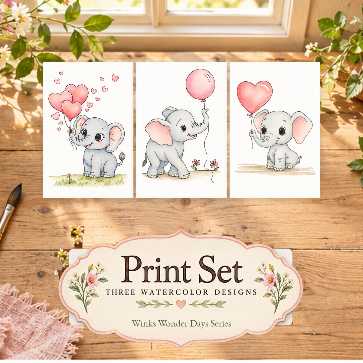 Heart & Balloon 3-Design Paint-Your-Own Watercolor Print Set | Winks Wonder Days | 4x6