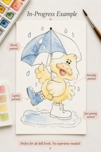 Rainy Boots Duckling watercolor print details infographic