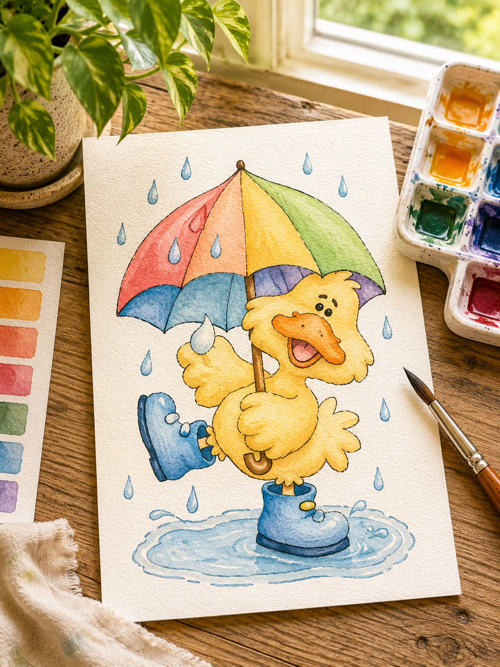 Rainy Boots Duckling watercolor print lifestyle scene