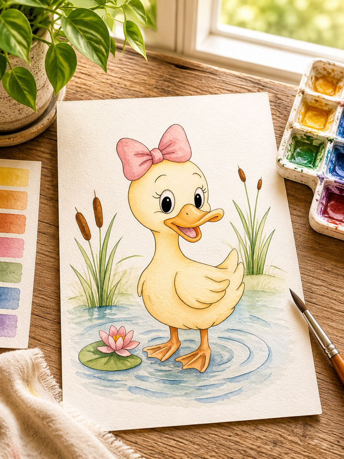 Lily Pond Duckling watercolor print lifestyle scene