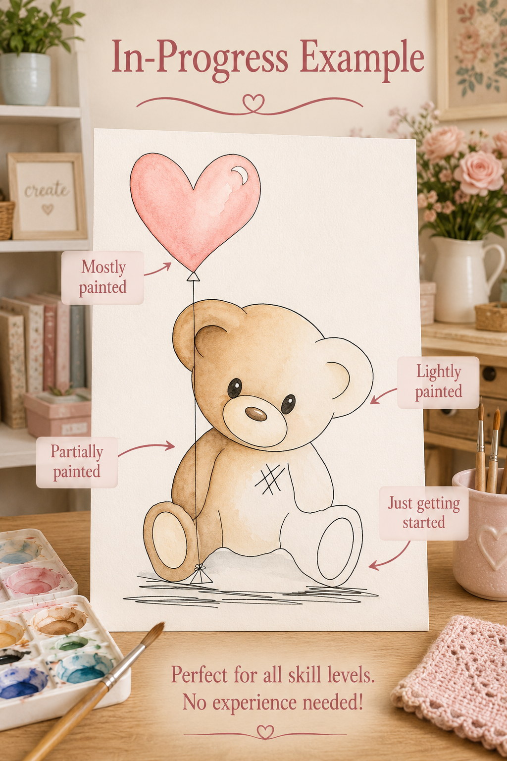 Heart Balloon Bear watercolor print details infographic