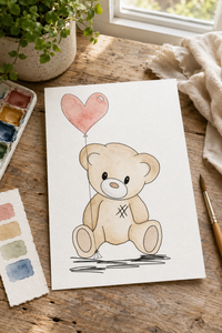 Heart Balloon Bear Paint-Your-Own Watercolor Print | Cozy Tails Meadow