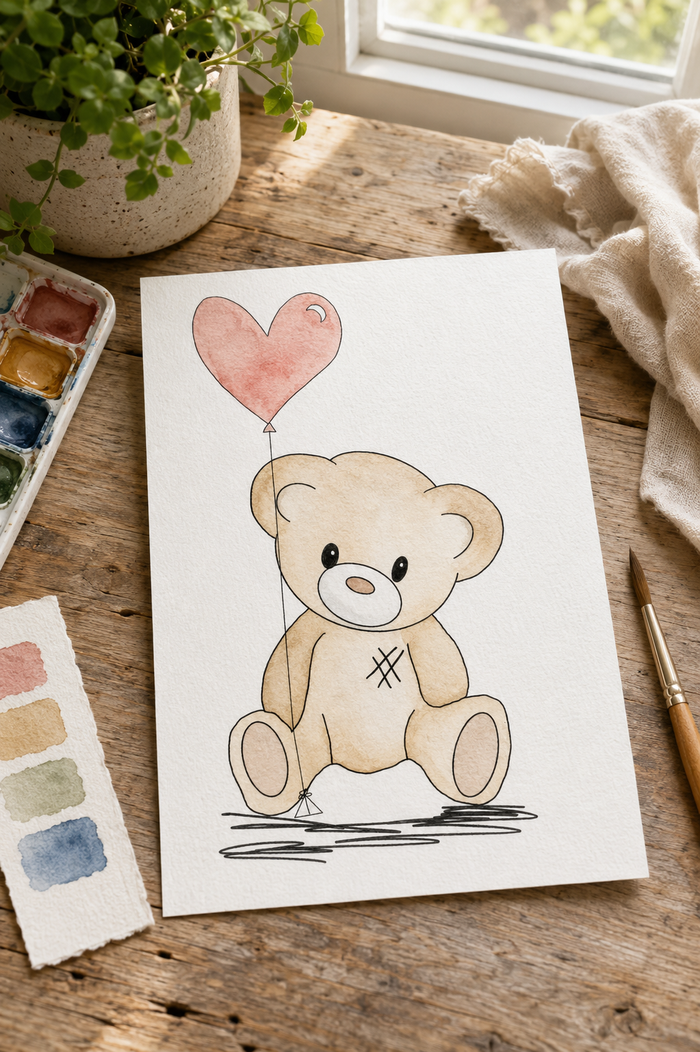 Heart Balloon Bear watercolor print lifestyle scene