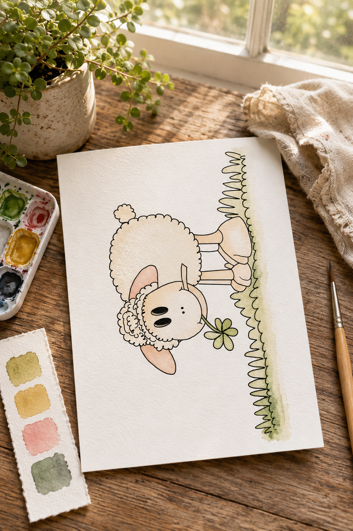 Clover Tumble Lamb watercolor print lifestyle scene