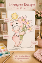Daisy Bouquet Piglet watercolor print details infographic