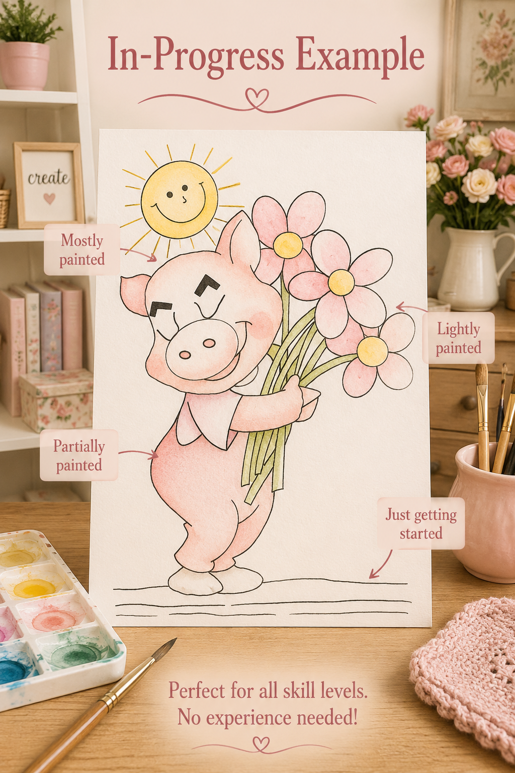Daisy Bouquet Piglet watercolor print details infographic