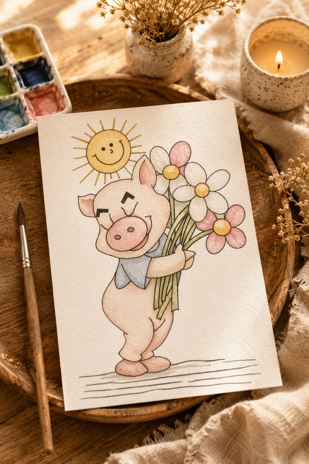 Daisy Bouquet Piglet watercolor print lifestyle scene