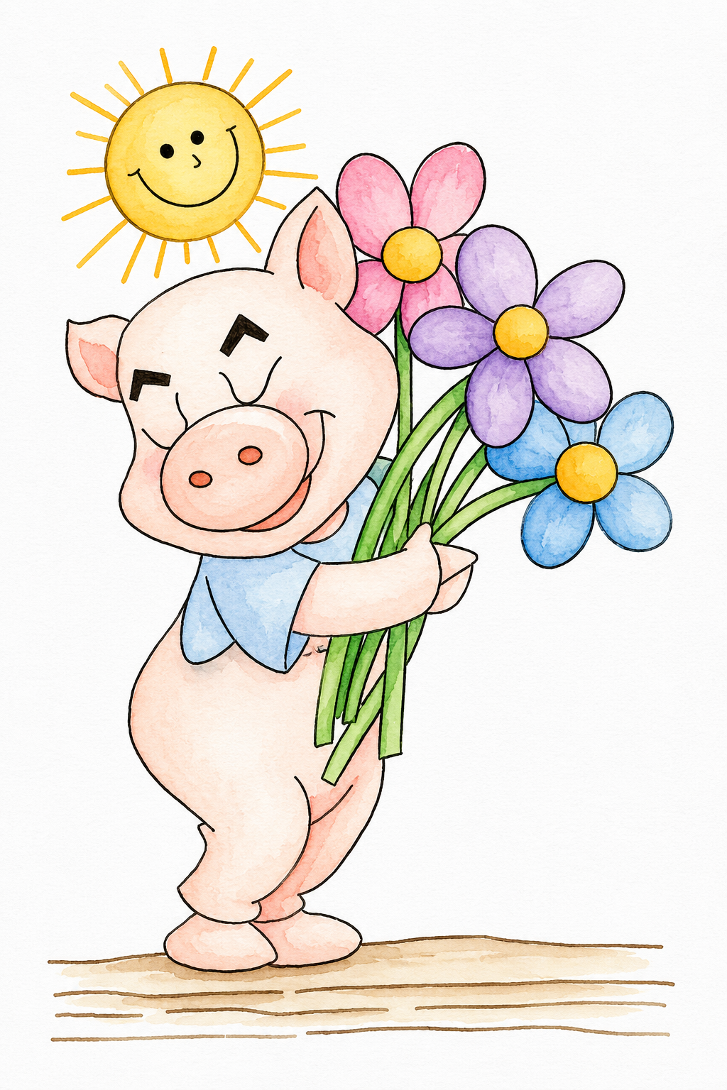Daisy Bouquet Piglet watercolor artwork example for color inspiration