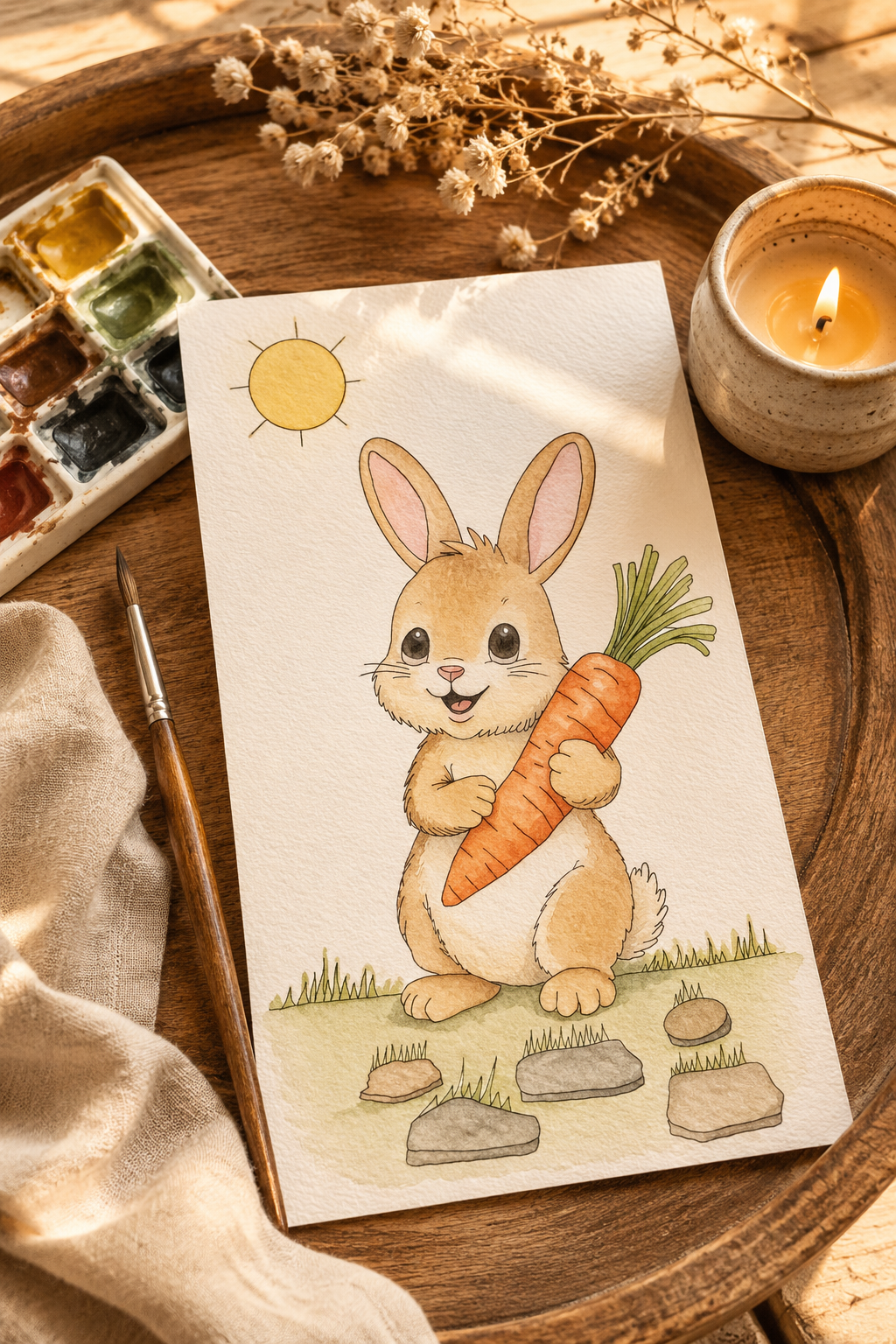 Garden Carrot Bunny watercolor print lifestyle scene