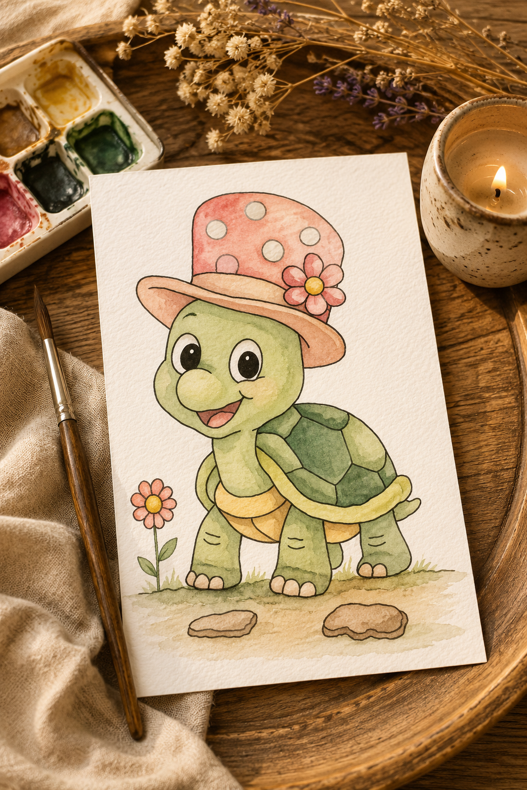 Meadow Hat Turtle watercolor print lifestyle scene