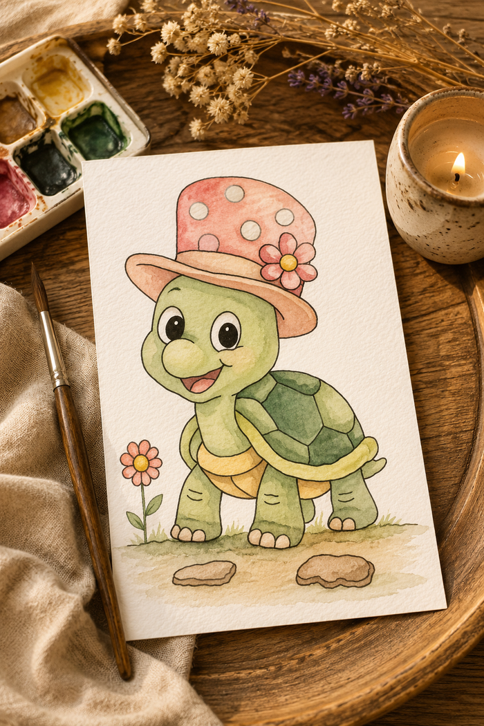 Meadow Hat Turtle watercolor print lifestyle scene
