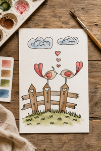 Fencepost Lovebirds Paint-Your-Own Watercolor Print | Cozy Tails Meadow